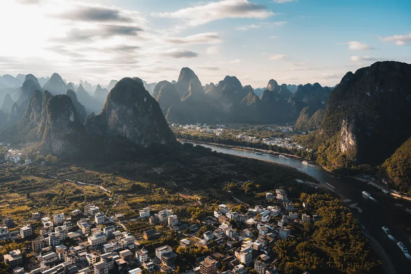 Aerial view of karst peaks rising above the countryside near Guilin, China