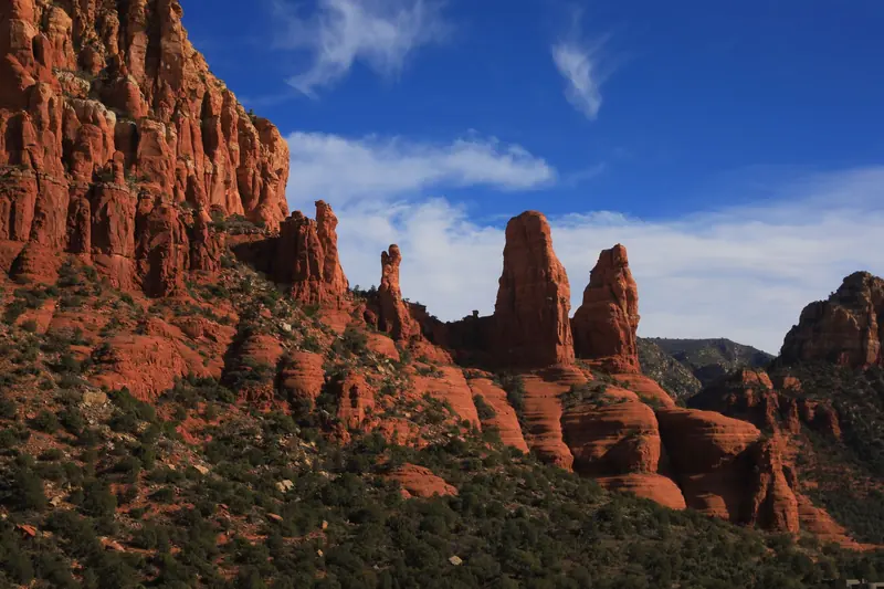 Red rock spires under a blue sky in Sedona, Arizona